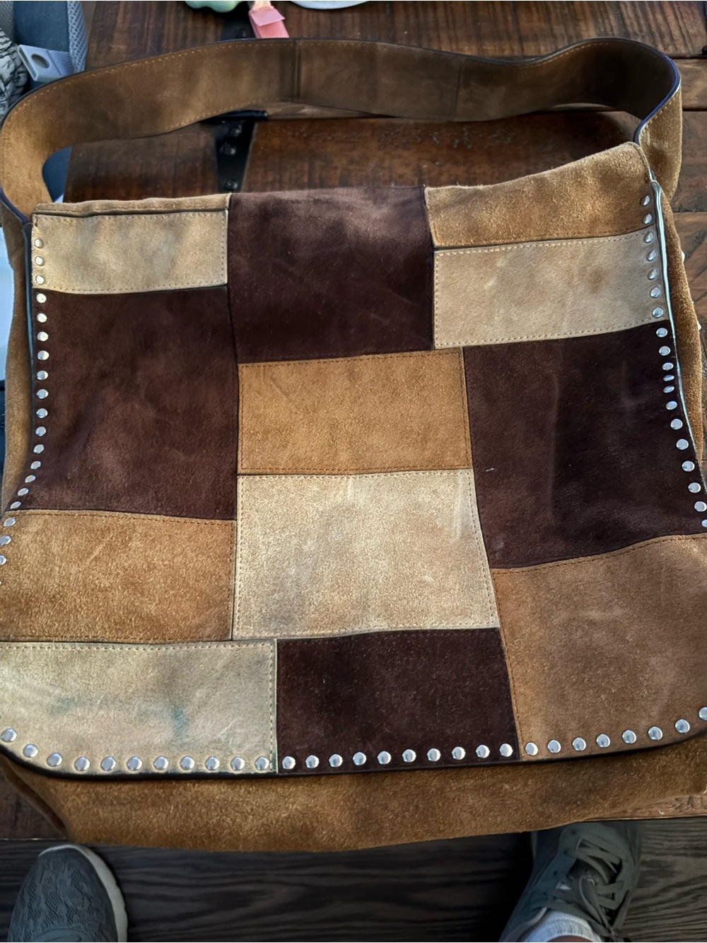 Michael Kors Patchwork Suede Messenger Bag/Hobo in Brown & Tan - Picture 2 of 2